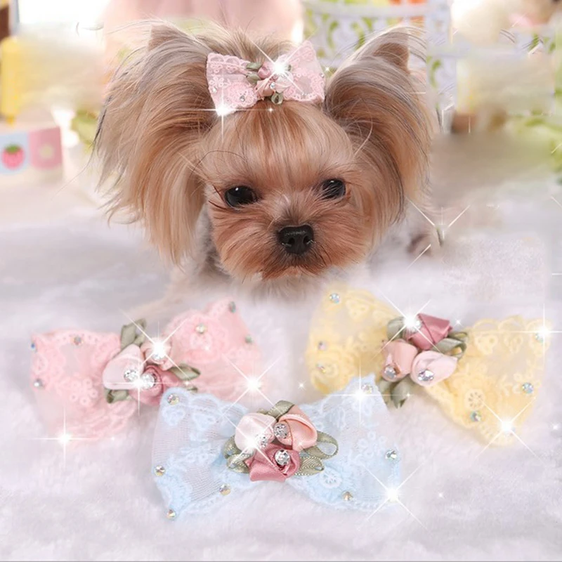 Pet Hair Bow Rhinestone Embroidery Lace Pet Dog Bows Pet Hair Bows Hair Clip Dog Bow Grooming Supplies