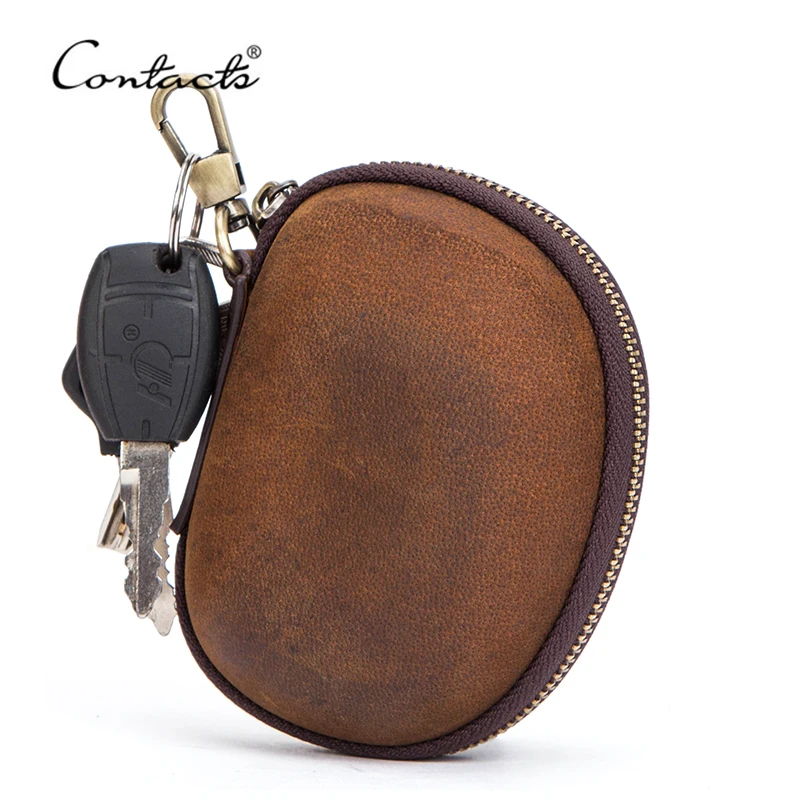 CONTACT\'S NEW Casual Men Wallet Crazy Horse Leather Coin Purse Zipper Key Wallets Case Small Money Bag for Folding Glasses Pouch