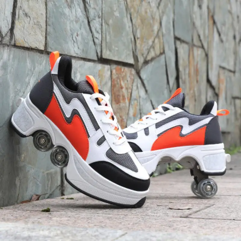 Deformation Parkour Shoes 4 Wheels Rounds Of Running Shoes for Adults Kids Unisex Invisible Pulley Roller Skates Shoes Sneakers