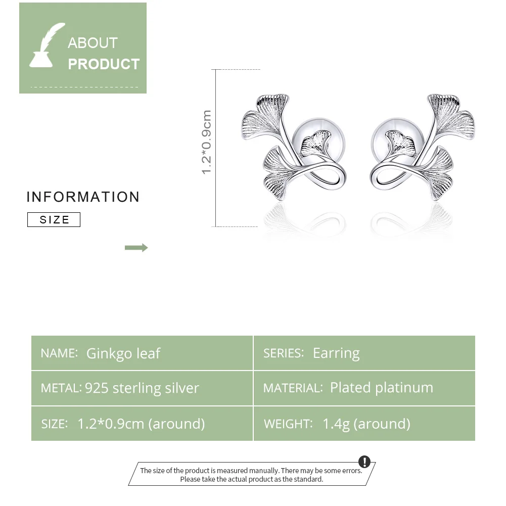 WOSTU Hot Style Real 925 Sterling Silver Ginkgo Leaf Stud Earrings For Women Wedding Small Earrings Fashion Jewelry Gift CTE328