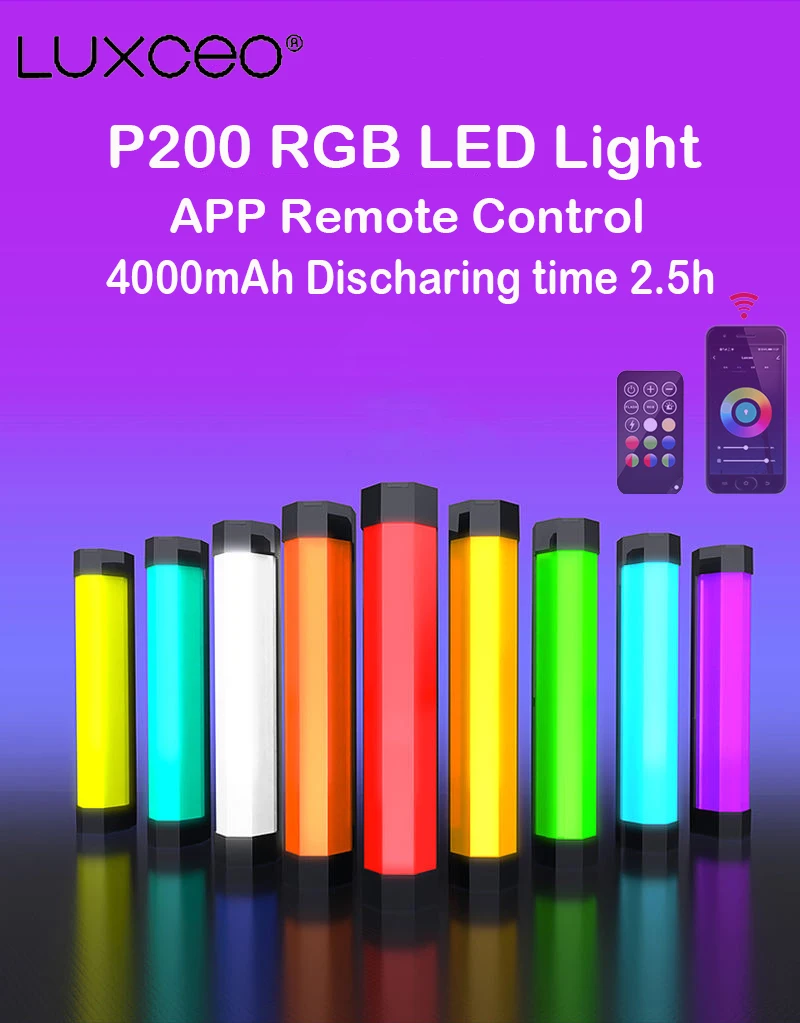 LUXCEO P200 RGB LED Photography Light Waterproof Handheld Tube Stick Video soft Lighting APP Remote Control Christmas gift