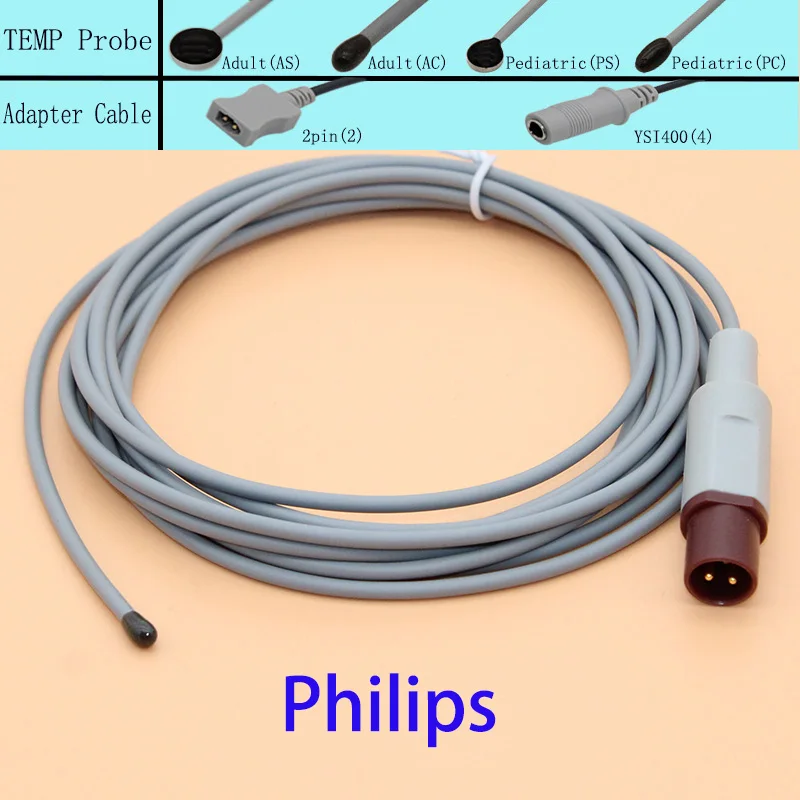 

Reusable medical temperature probe for Philips monitor,adult/pediatric skin surface/esophageal/rectal TEMP sensor and adapter.