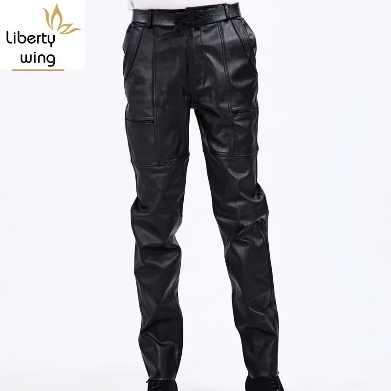 

Korean Fashion Casual Men Pants Genuine Leather Business Classic Loose Full Length Trousers Streetwear Straight Black Pant Man
