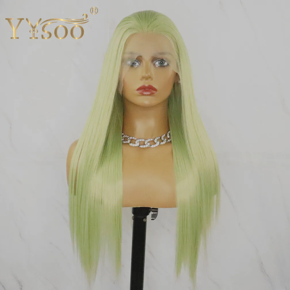 YYsoo Long Silky Straight Green Synthetic Hair 13X1 Lace Front Wigs For Black Women 3x5 Silk Base Lace Wig Free Part