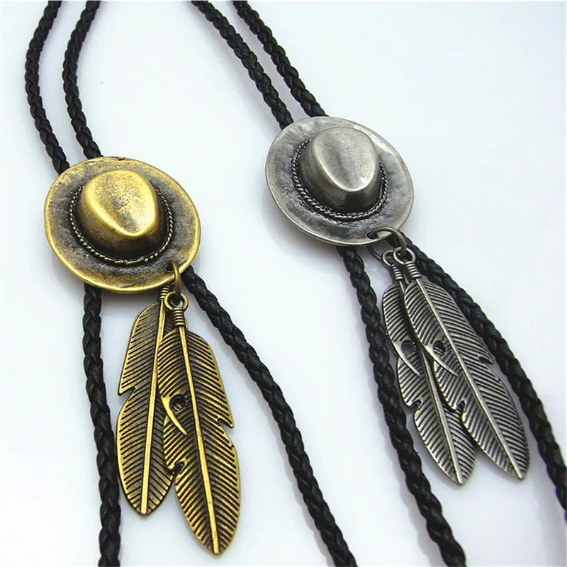 Bolo tie New Retro Shirt Chain Cowboy Hat Double Feathers Poirot Collar Leather Necklace Long tie Pendant