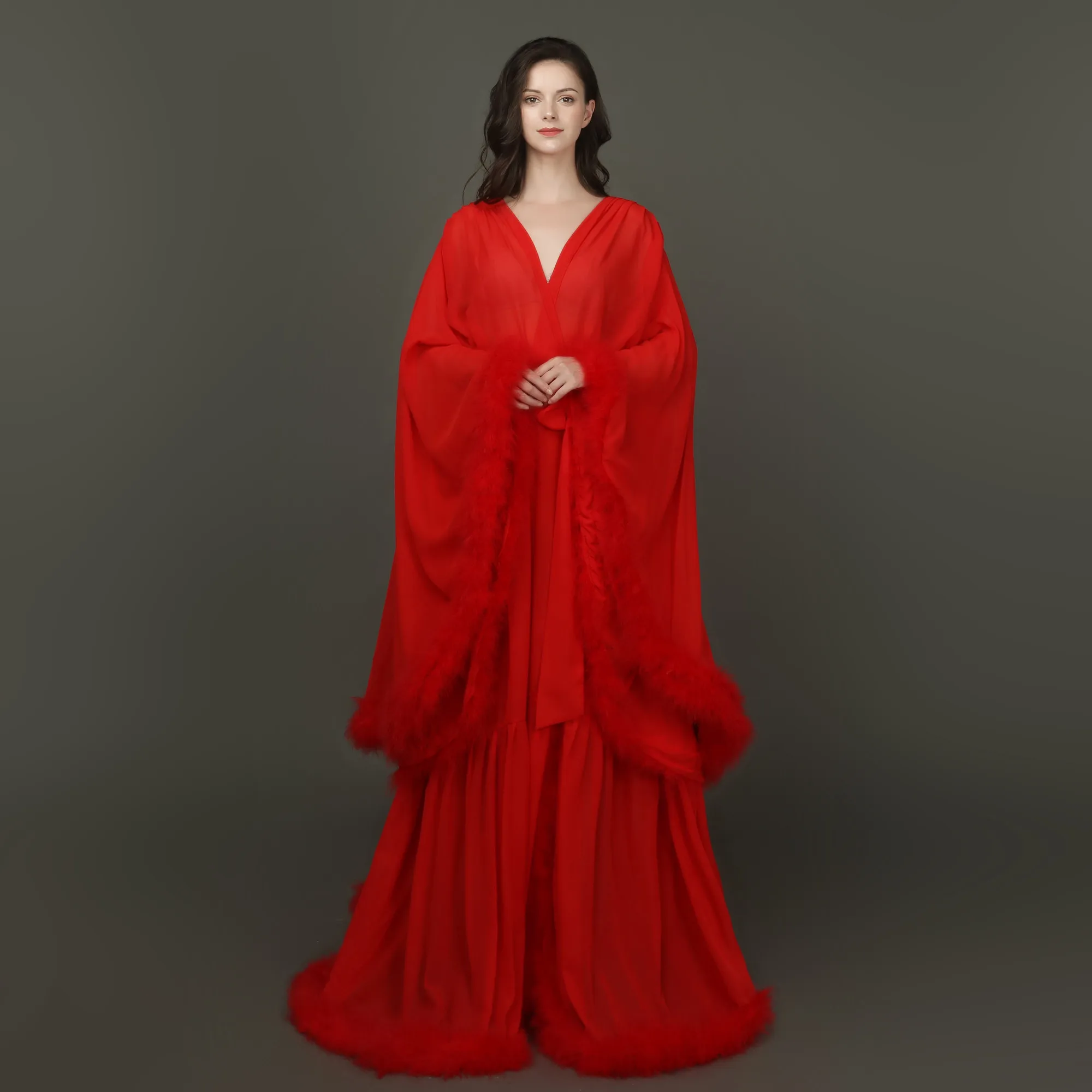 Red Maternity Evening Dresses Robes for Photo Shoot Baby Shower Ruffle Feather Chic Women Dress Photography Robe Real Images