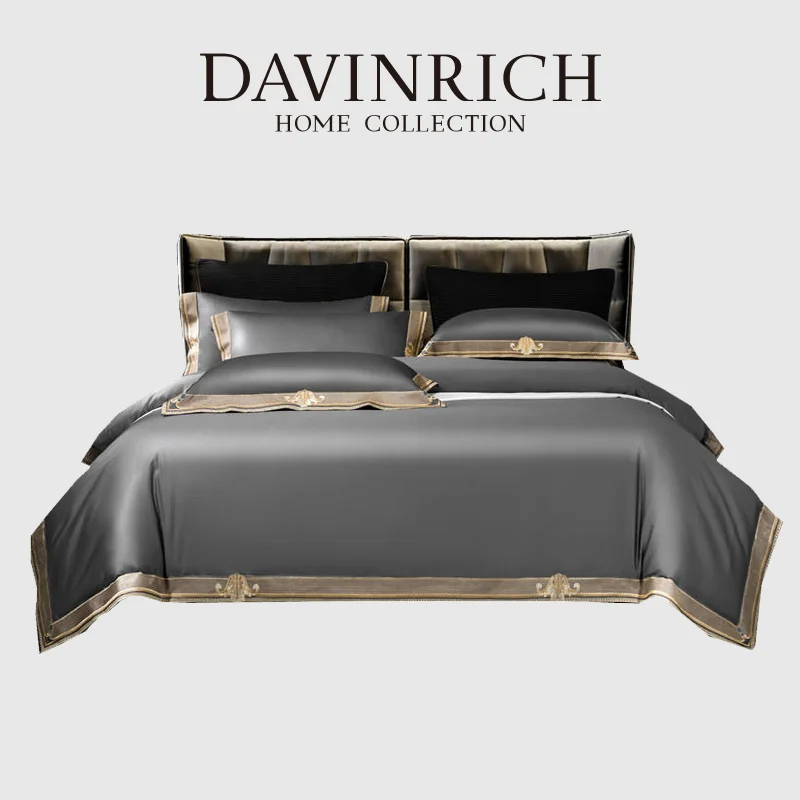 

DAVINRICH Elegant Gray Comforter Set Simple European Style 100s Premium Cotton Luxurious Queen Duvet Cover Set Ready For Ship