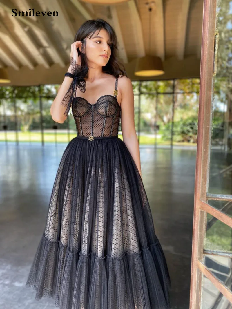 Smileven Modern Black Dotted Tulle Short Prom Dresses Spaghetti Straps Evening Gowns Sweetheart Prom Party Gowns Customized