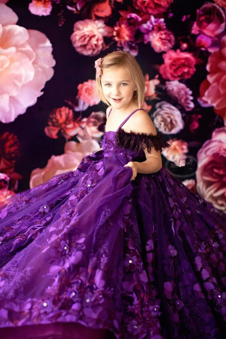 2021 lila Mädchen Pageant Kleider Spitze Appliques Perlen Mädchen Geburtstag Party Kleider Nach Maß Blumen Mädchen Kleid