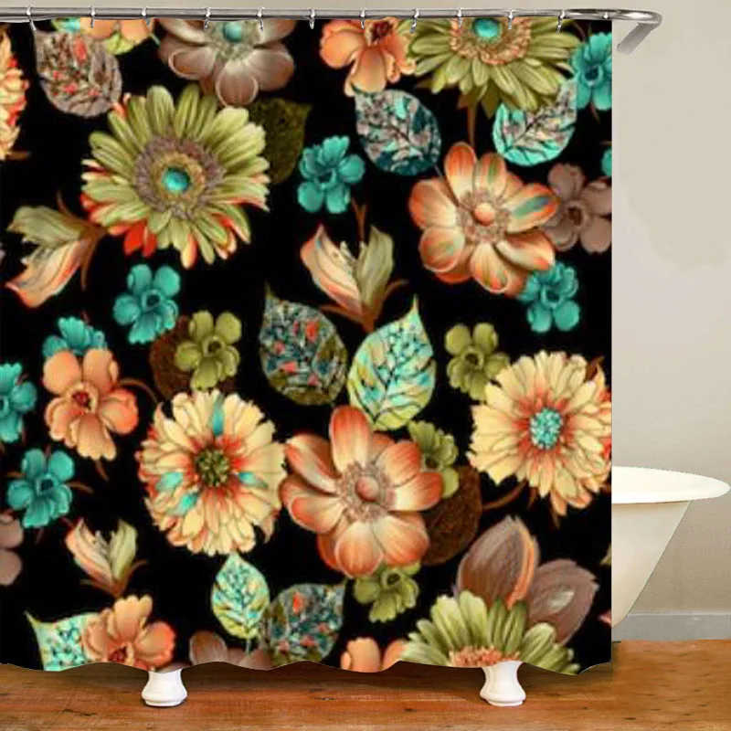 Bright Colorful Boho Flower Pattern Shower Curtain Bath Curtain Set for Bathtub Summer Vintage Floral Bathroom Accessories Decor