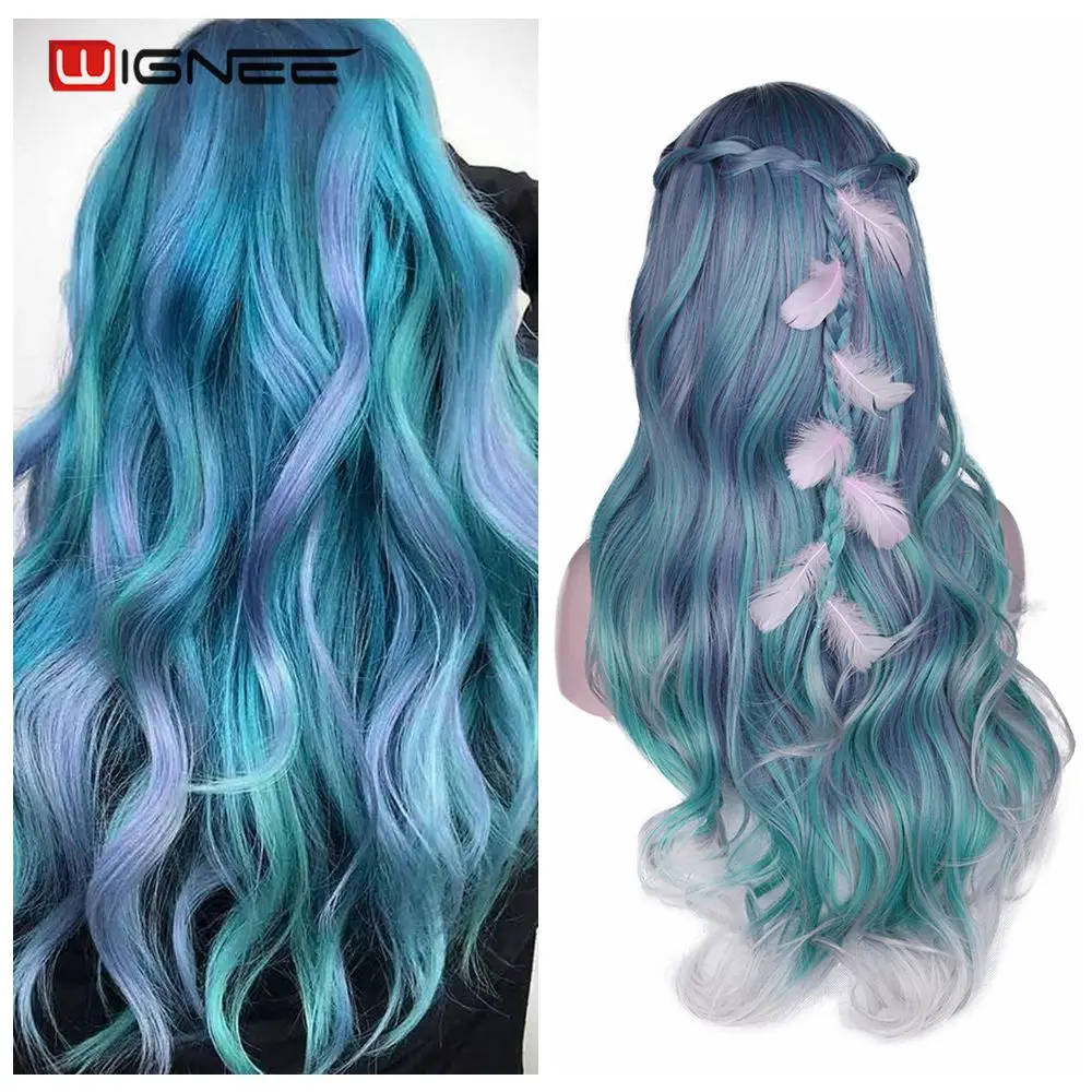 Wignee Long Wavy Synthetic Wigs Heat Resistant Middle Part Mix Blue Cosplay Hair For Women African American Natural Party Wigs