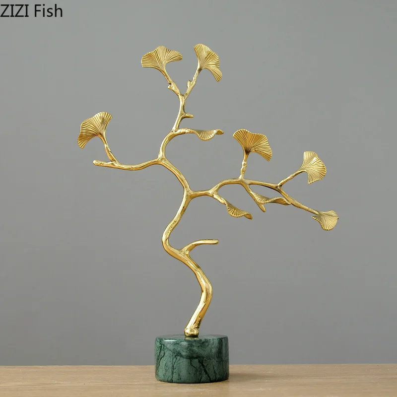 Metal crafts ornaments Simulation tree Ginkgo biloba Golden branches brass Marble base Accessories storage Home Decoration