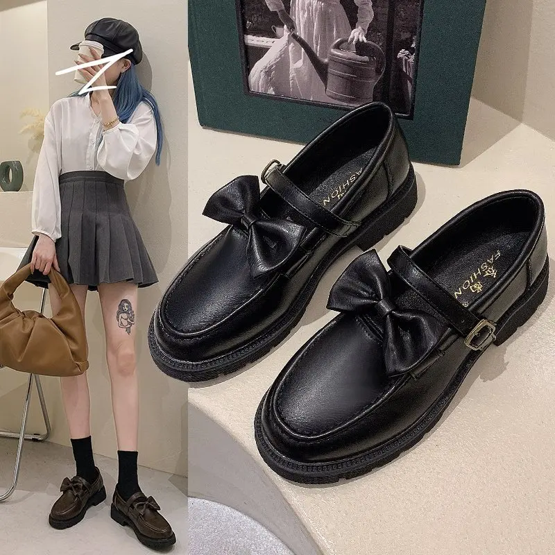 

Nice New Leather Retro Brogues Women Shoes Oxfords Female Bow Knot Shoes Woman Slip on Flats Low Heels Creepers Casual Loafers