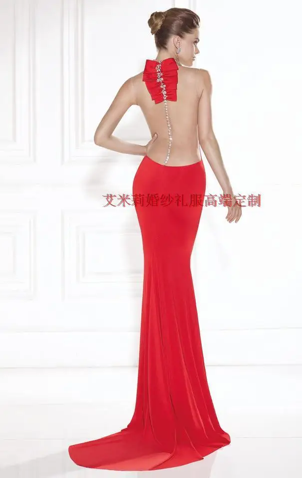 free Shipping Cheap highneck crystal bow vestido de festa 2016 new fashion sexy backless party Formal red long evening Dress