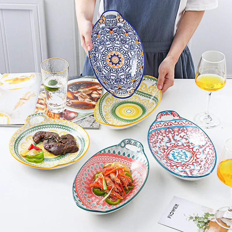 Ceramic Plate Bohemian Hand-painted Underglaze 11-inch Double-ear Egg-shaped Dish Dish Baking Plate Household Tableware