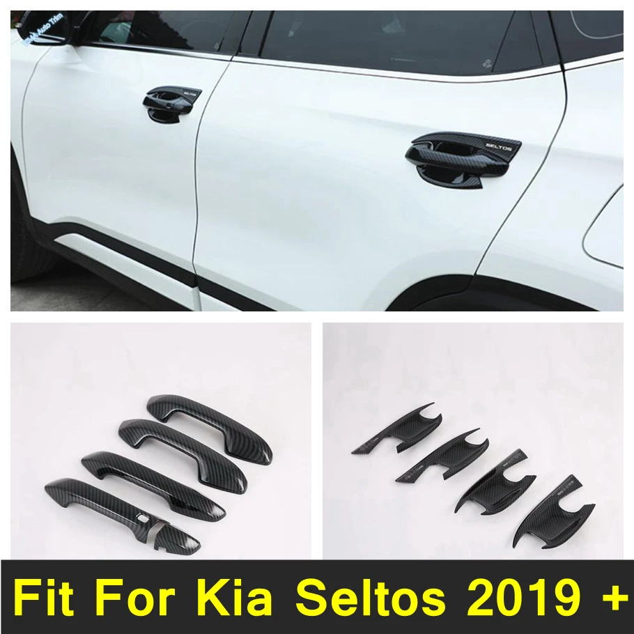 

Chrome Side Door Handle & Hand-clasping Bowl Cover Trim ABS Fit For Kia Seltos 2019 - 2022 Carbon Fiber Look Exterior Refit Kit