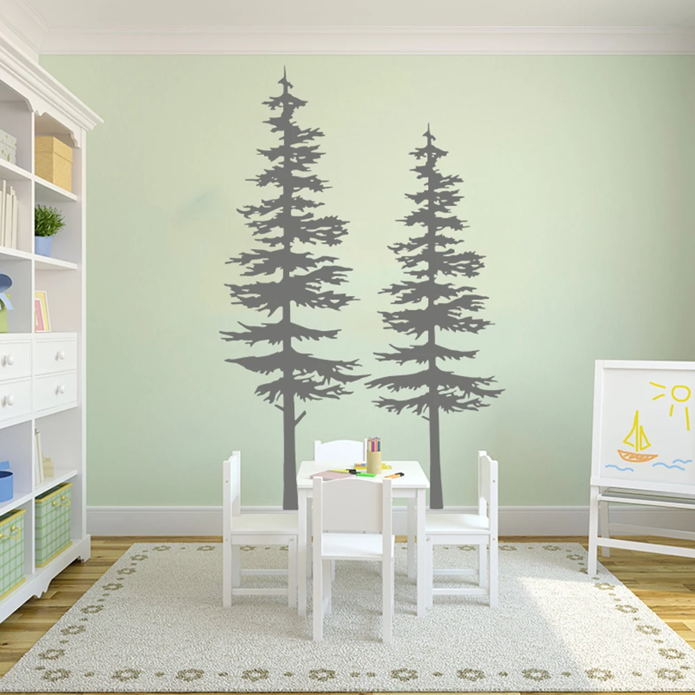 Large 2Pcs Pine Tree Wall Decal Living Room Bedroom Jungle Woodland Wildlife Travel Forest Trees Wall Sticker Kids Room