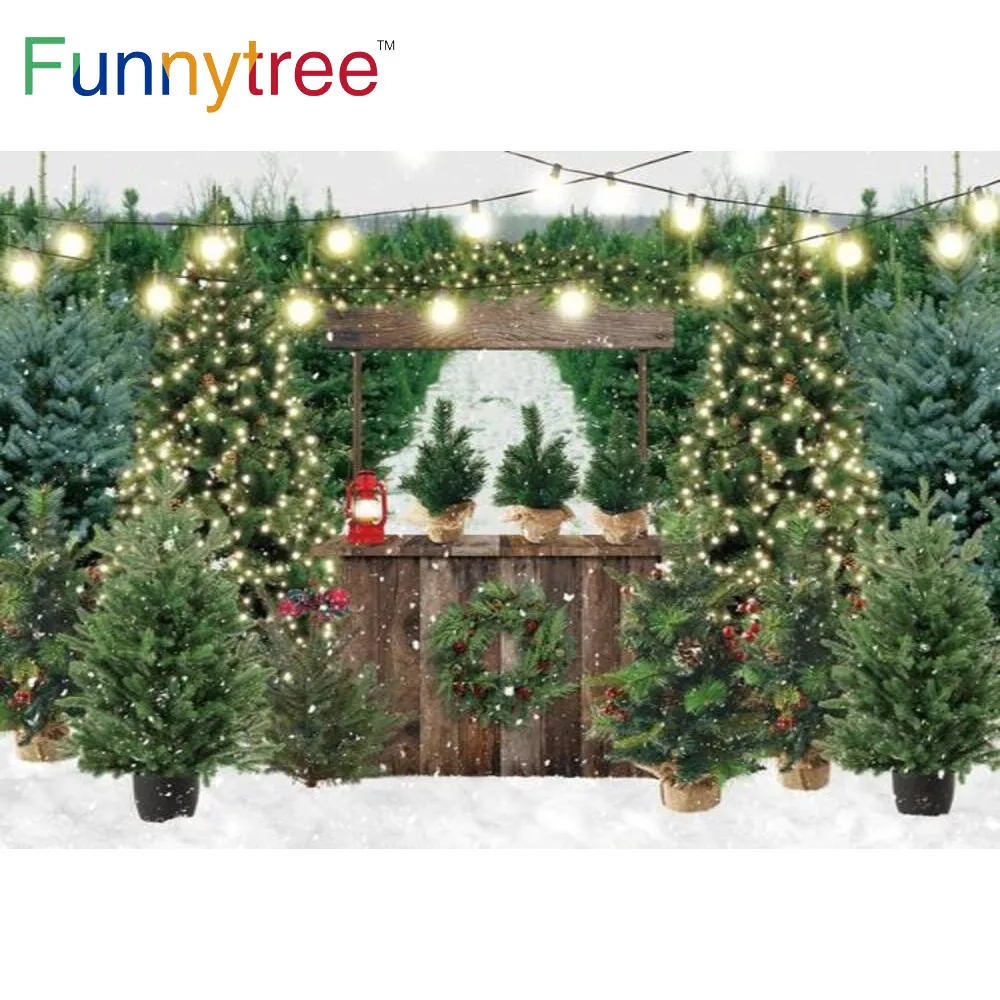 Funnytree Christmas Decoration Trees Lights Backdrop Wood Forests Snow Wreath Gold Bells Plants Photography Photocall Background