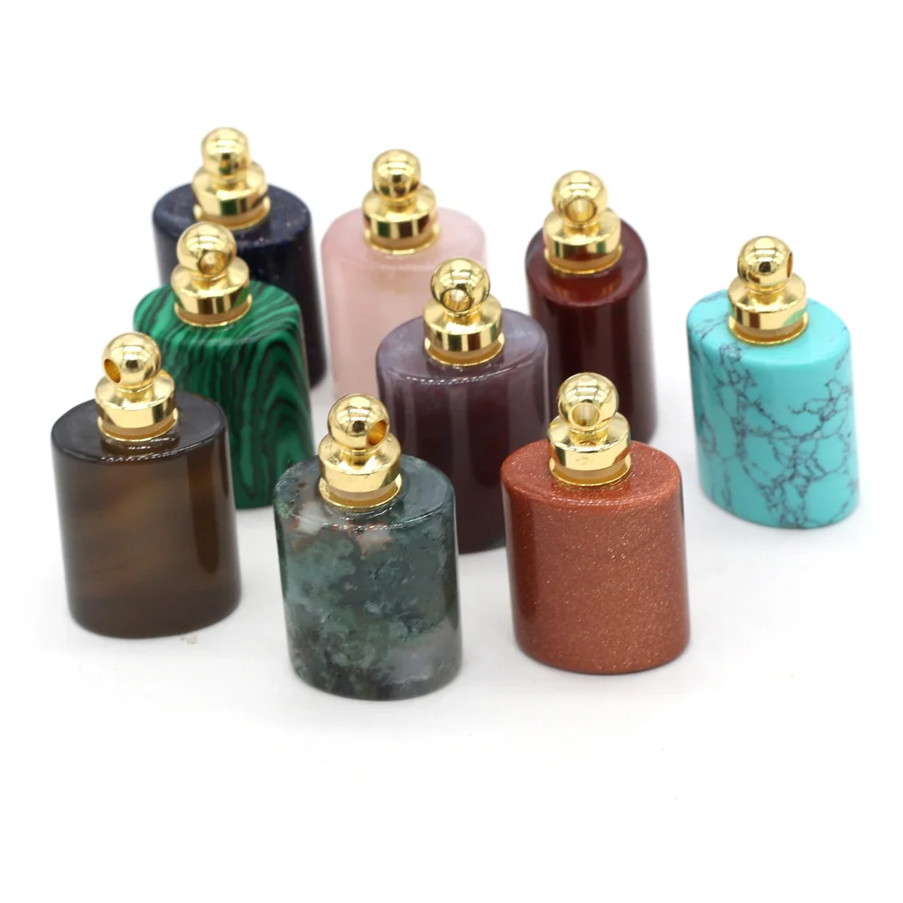 Natural Stone Perfume Bottle Pendant Flat Cylindrical Semi-precious Exquisite Charms For Jewelry Making DIY Necklace Accessory
