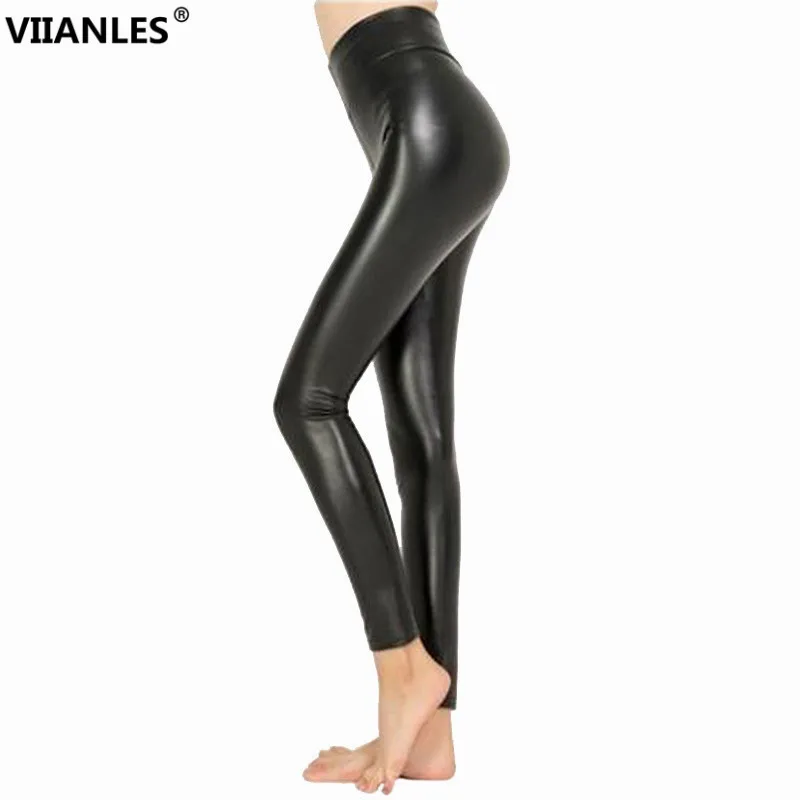 VIIANLES Sexy czarne Legging nowa jesienna moda Faux Leather Mujer wysokie elastyczne legginsy rozciągliwe chude