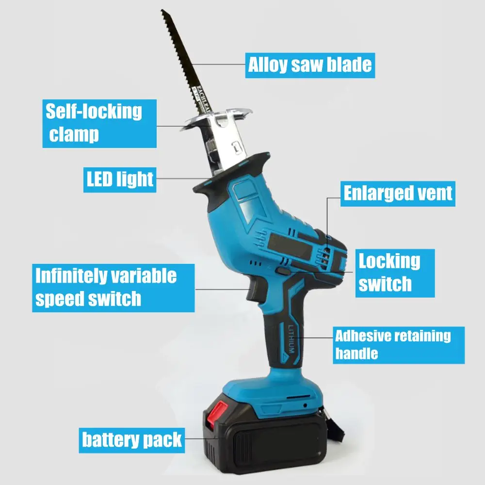 Blmiatko 26v reciprocating saw com bateria de lítio 4 lâmina de serra de corte de metal de madeira serra elétrica ferramentas elétricas recarregáveis