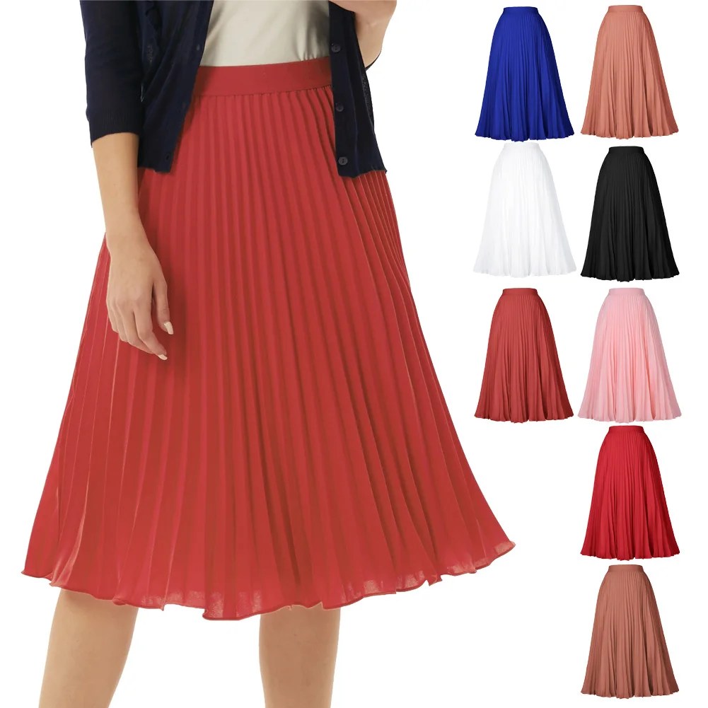 Grace Karin Ladies Pleated Skirts Elastic Waist Solid-Color High Waist Lined Stylish Skirts Vintage Elegant Sweet Fashion Summer