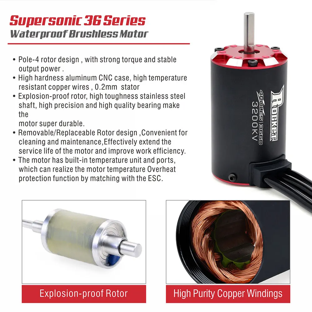 Rocket V2 supersonic Built -in Temperature Sensor Brushless Motor 3650 3660 3665 50A 60A 80A ESC for 1/8 1/10 RC Car Off-Road