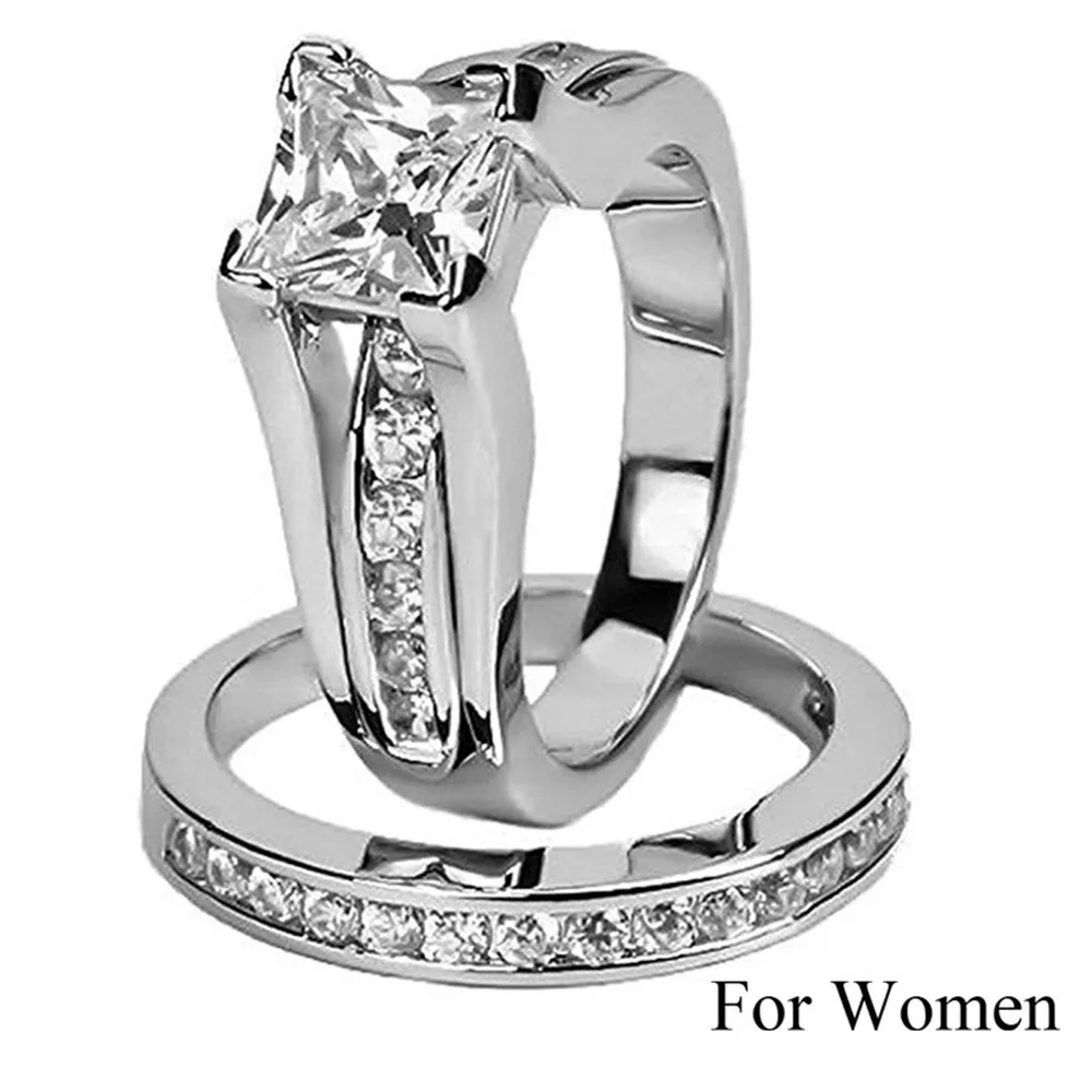 Fashion Jewelry Cubic Zirconia Silver Color Stainless Steel Couple Ring Engagement Valentine\'s Day Gift