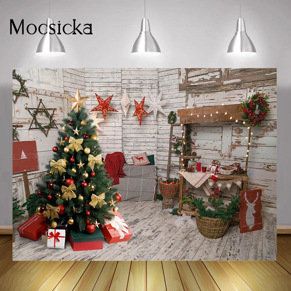 

Indoor Christmas Room Photography Backdrop Wooden Xmas Wallpaper Decorations Gifts Stars Christamas Tree Winter Portrait Shoot