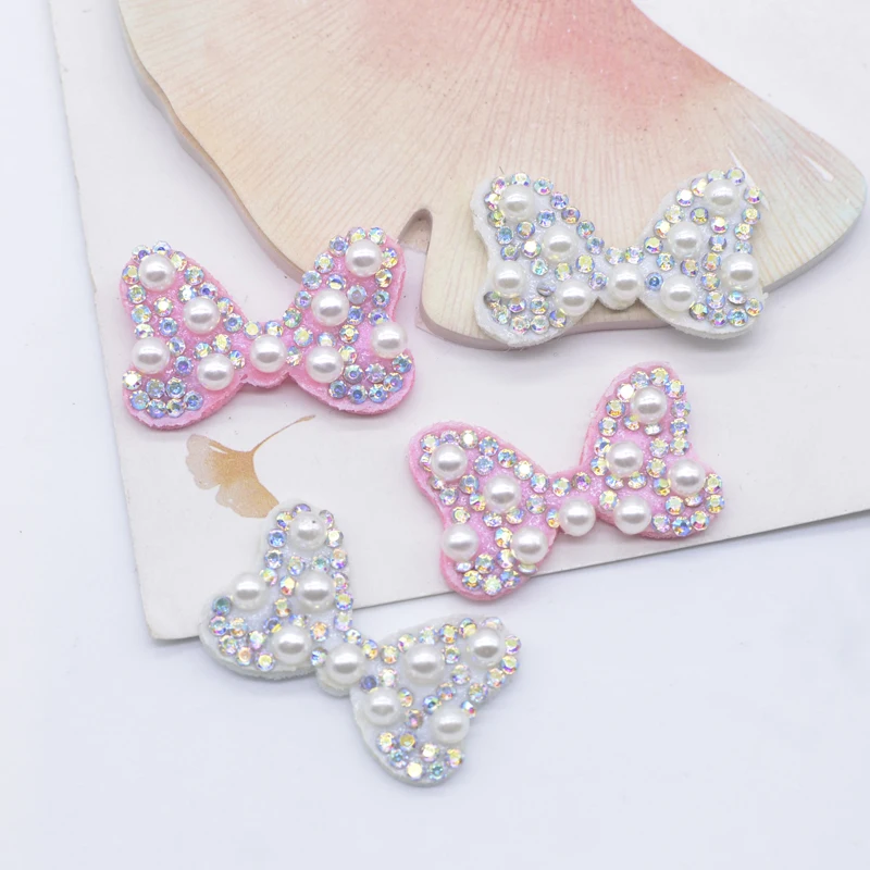 20Pcs 30*20mm Padded Colorful Rhinestone Bow Tie Patches for DIY Clothes Hat Headwear Hair Clips Decor Appliques Accessories