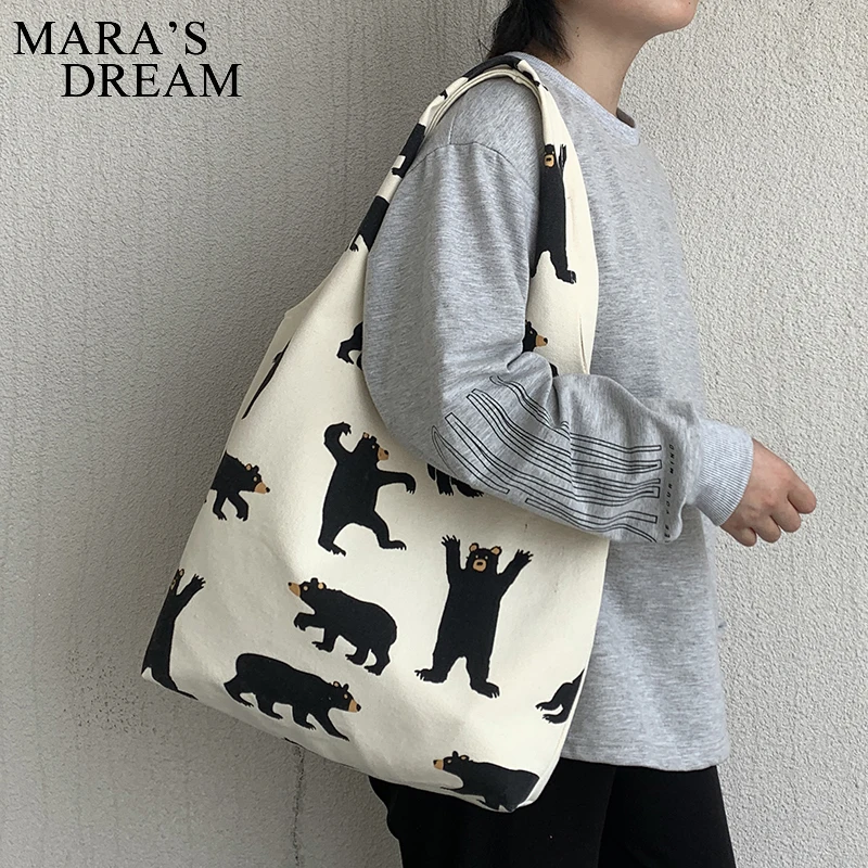 Mara\'s Dream Korea Ulzzang Big bear pattern Print Female Shopping Canvas Tote Casual Large-capacity Cartoon Women Shoulder Bags