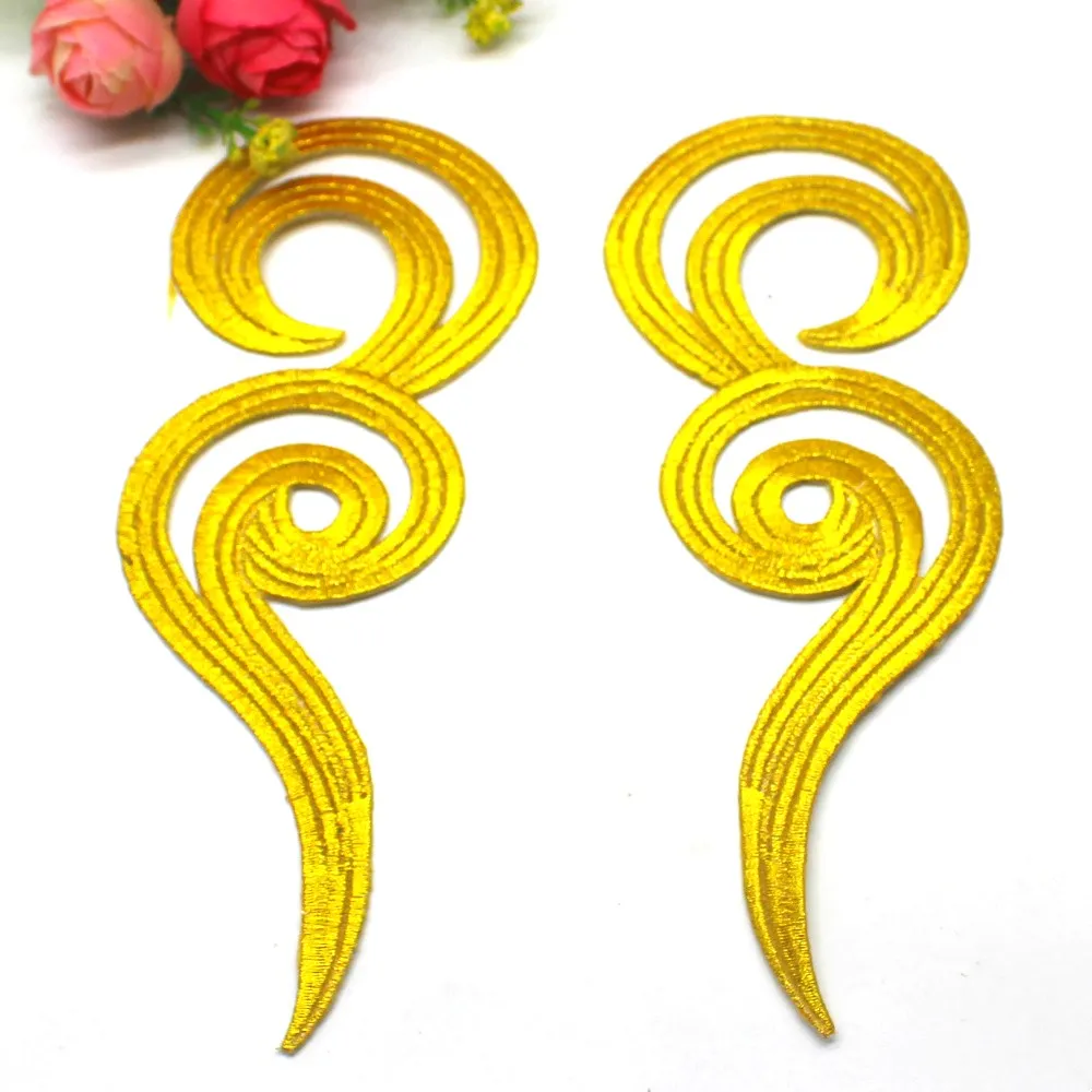 2 Pieces Iron On Appliques Gold Embroidered Budges Appliqued Gold Metallic Patches 3D Floral Cosplay 17.5cm