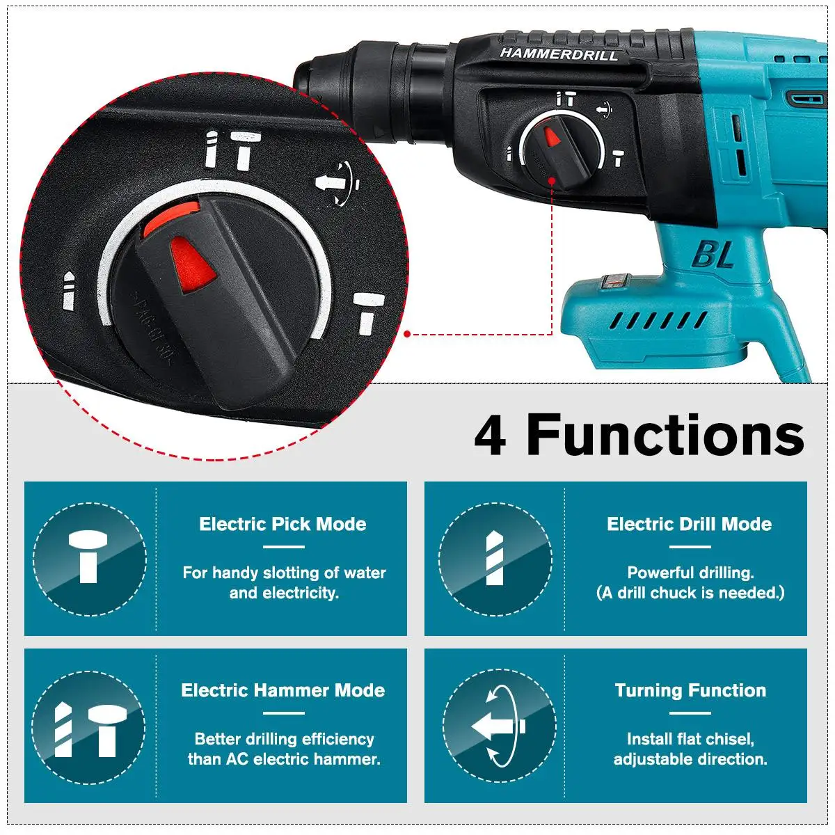 Drillpro 4 funkcje bezszczotkowa akumulatorowa wiertarka udarowa akumulatorowa młotek elektryczny 26mm wiertarka udarowa do akumulatora Makita 18V