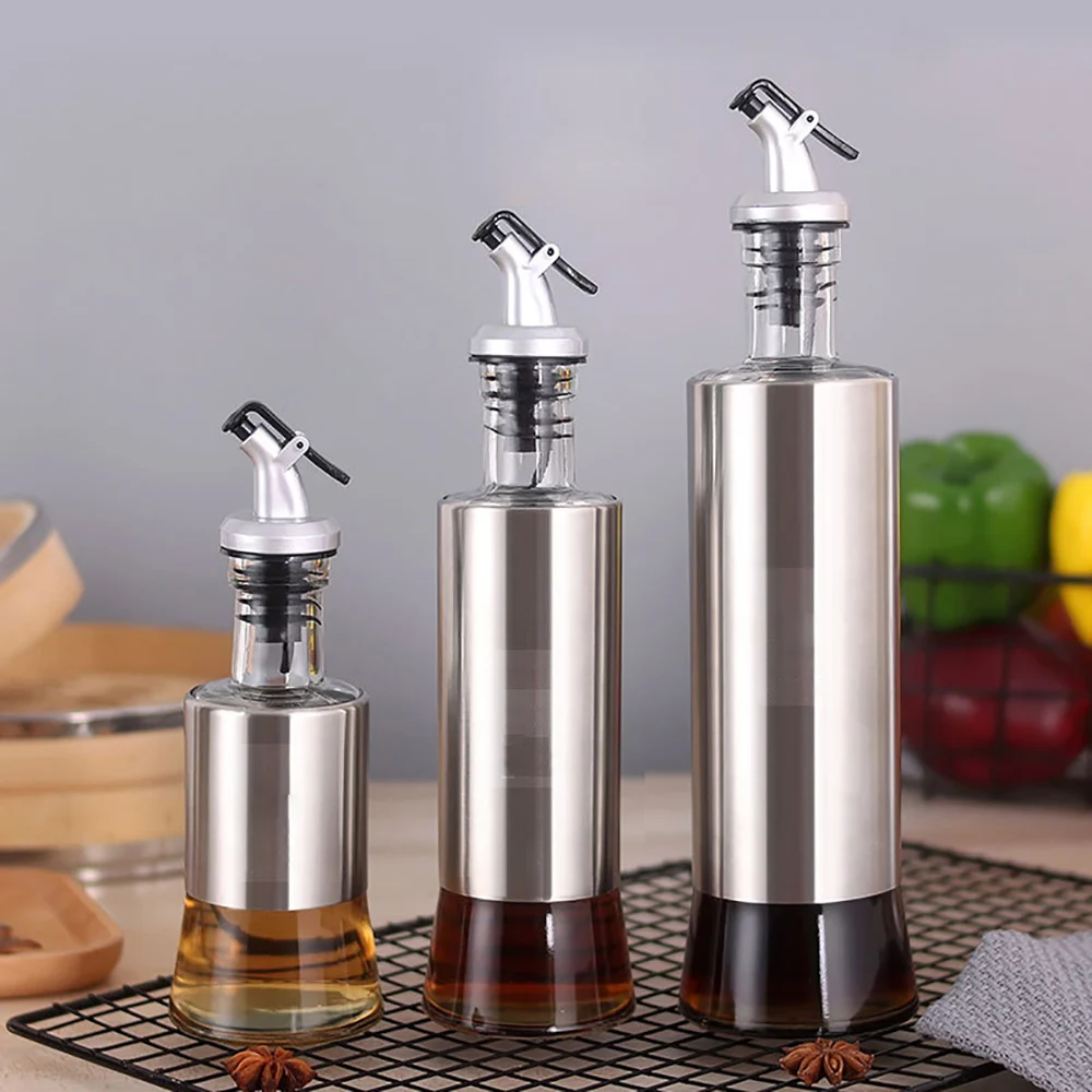 Kitchen Spice Tool Stainless Steel Glass Oil Pot Seasoning Bottle Vinegar Soy Sauce Bottle Glass Cruet For Home Cooking Tool