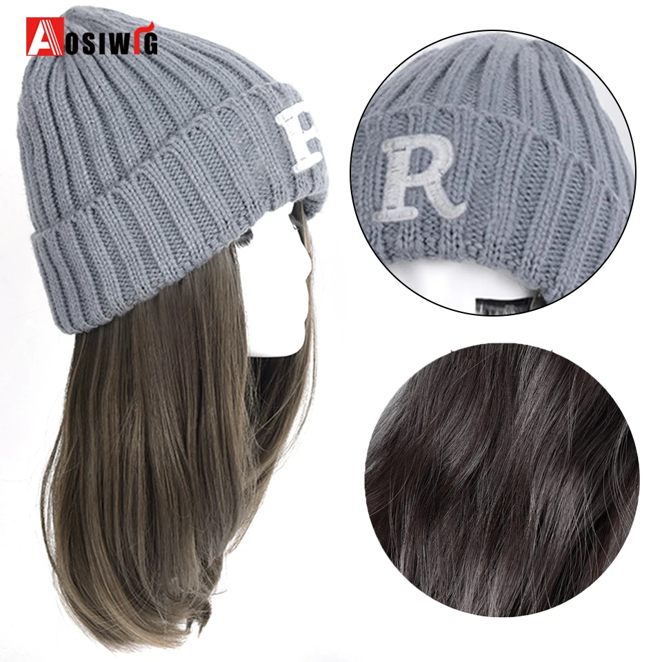 AOSIWIG Ladies Long Curly Hair Knitted Hat Wig Hat Winter Fashion Warmth Natural Synthetic All-in-one Hat Wig Extension