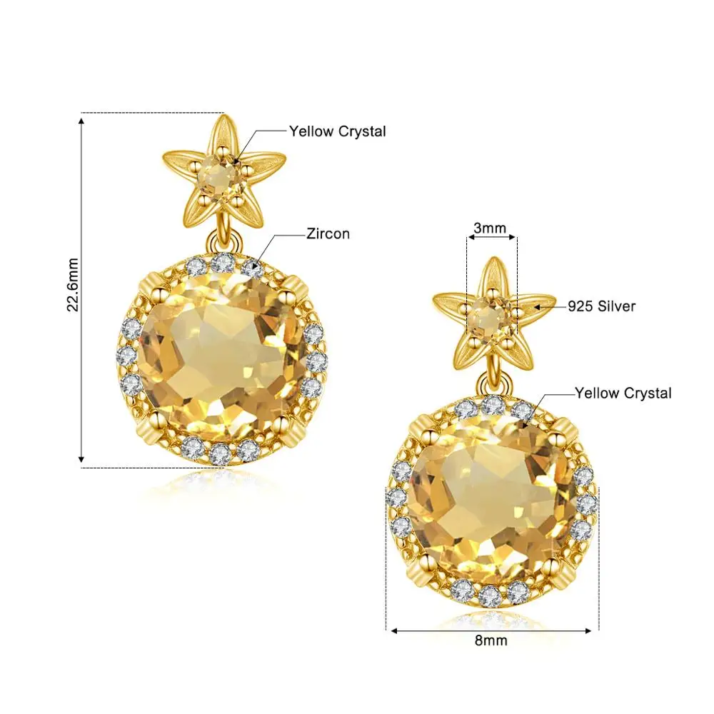 Szjinao Round 14K Gold Natural Citrine Gemstone Stud Earrings Genuine 925 Sterling Silver Fashion Jewelry for Women Pendientes