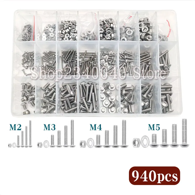 

940Pcs/set M2 M3 M4 M5 Flat Round Cap Head Hexagon Socket Machine Screws Stainless Steel Allen Bolts Nuts Washers Assortment Kit