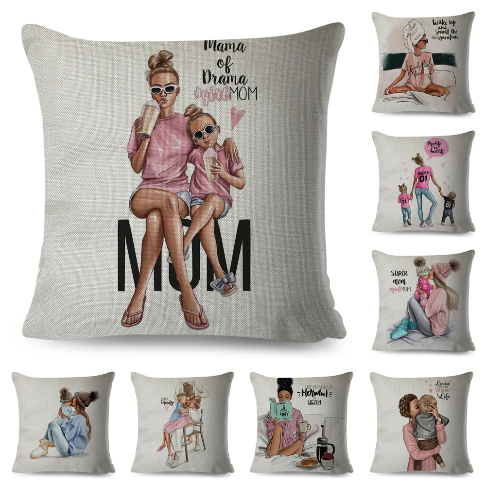 50 Style Super Mom Pillow Case Decor Fashion Mama Lady Cartoon Family Series Cushion Cover for Sofa Home Car 45*45cm Pillowcase