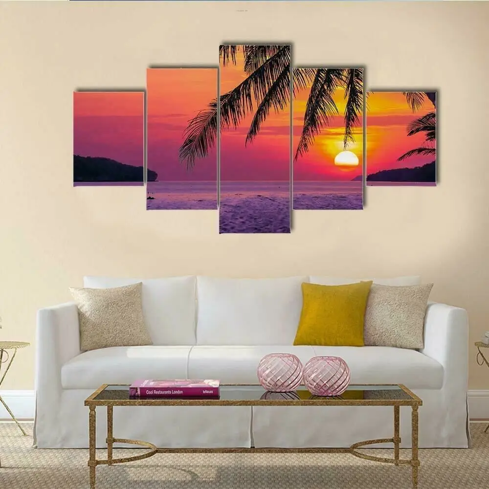 

Coconut Tree in Sunset Beach Poster 5 Panel Canvas Picture Print Wall Art Canvas Painting Wall Decor for Living Room No Framed