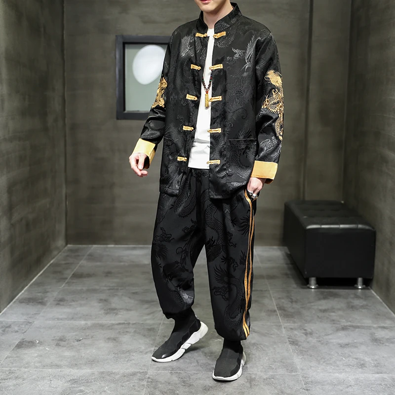 Gold Buckle Chinese Embroidery Jacket Mens Luxury Silk Two Piece Set Smooth Soft Satin Tang Han Suit New Year Clothes Streetwear