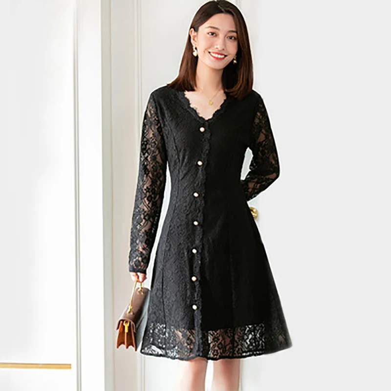 New Customized Autumn Temperament Lace Dress with Pearl V Neck Full Sleeves Fall Fashion Clothes for Women 2021