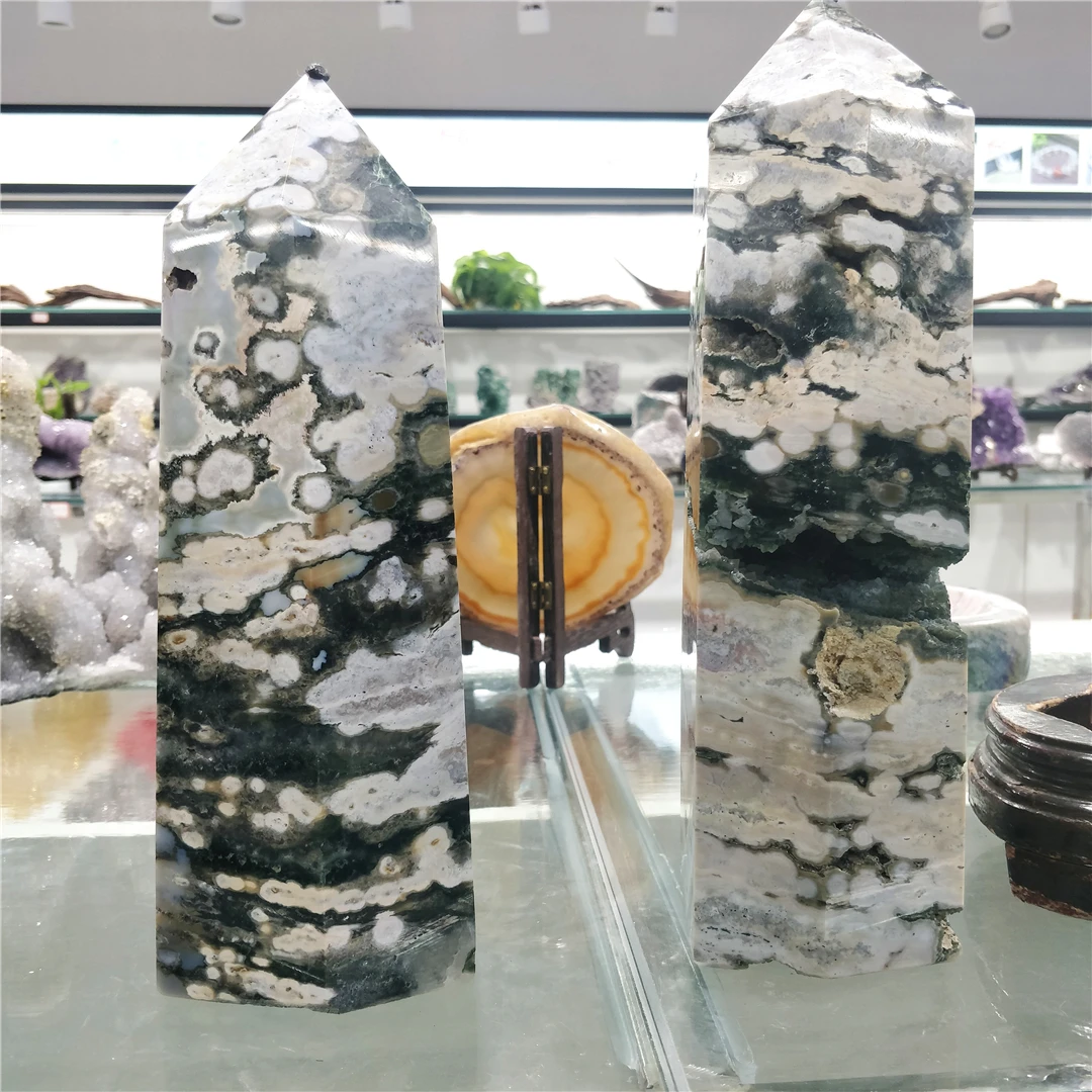 Natural Indian Fisheye Ocean Jasper Column Sea Jade Crystal Stones And Minerals Large Tower Living Room Design Feng Shui Decor