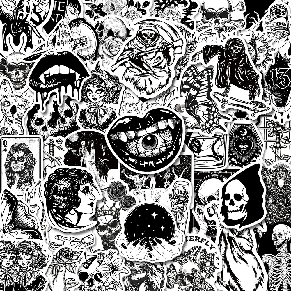 10/30/50Pcs Zwart Wit Gothic Stijl Horror Skelet Graffiti Stickers Diy Laptop Bagage Gitaar Skateboard Auto decal Kid Speelgoed F3