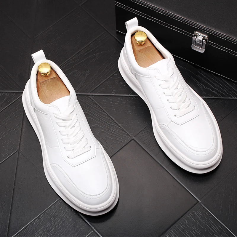 British style men\'s luxury fashion genuine leather shoes lace-up flats shoe platform white sneakers zapatos de hombre chaussure