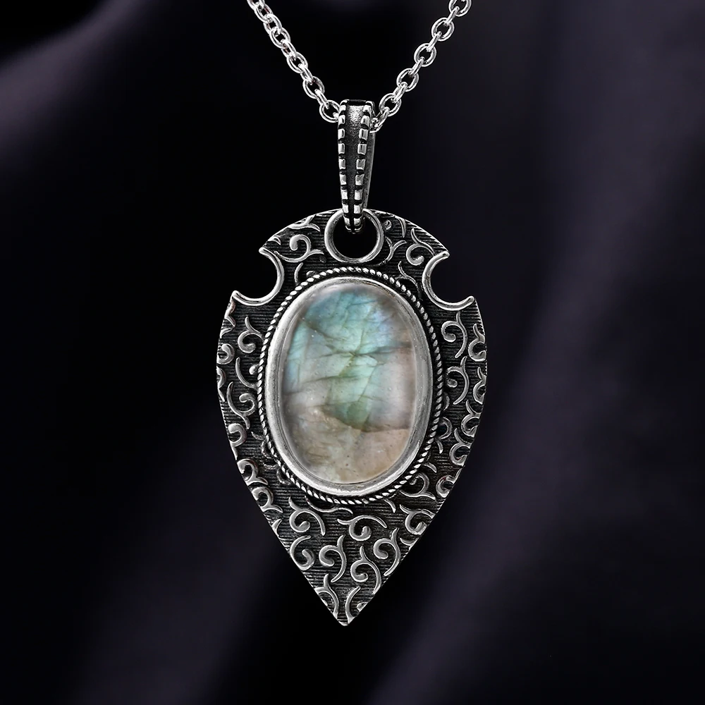 Collier pendentif grand naren argent regardé S925, pierre de lune naturelle, style bohème rétro, fête, 10x14mm, 100%