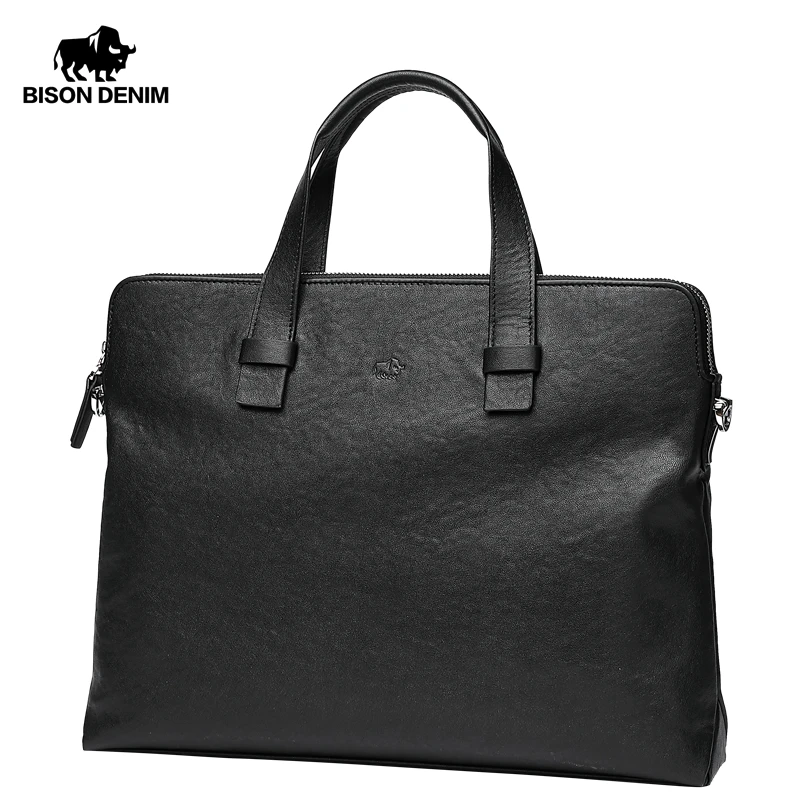 

BISON DENIM Genuine Leather Men Bag Business 14" Laptop Handbag Double Zipper Messenger Bags Cowhide Male Shoulder Bag N2980-3