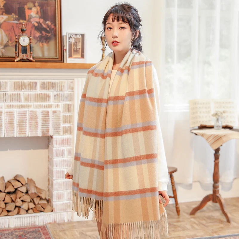 100% Wool Scarf Women Thicken Warm Pink Plaid Echarpe Shawls and Wraps Checkered Pashmina Winter Cashmere Scarves Foulard Femme