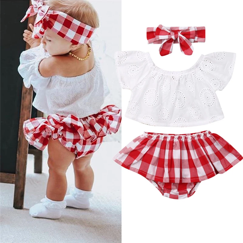 น่ารักทารกแรกเกิดเด็กทารก3Pcs Off ไหล่เสื้อ + ชุดสั้นลายสก๊อต + Headband Outfits 0-24M ใหม่