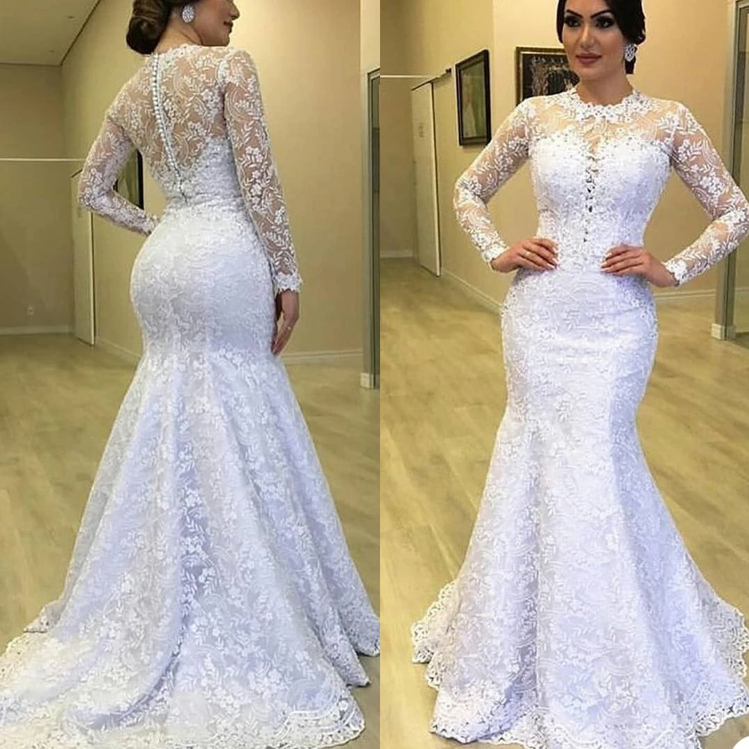 Plus Size Mermaid Wedding Dress Elegant O Neck Long Sleeve Bridal Gowns robes de mariée Lace Appliques Bride Dresses