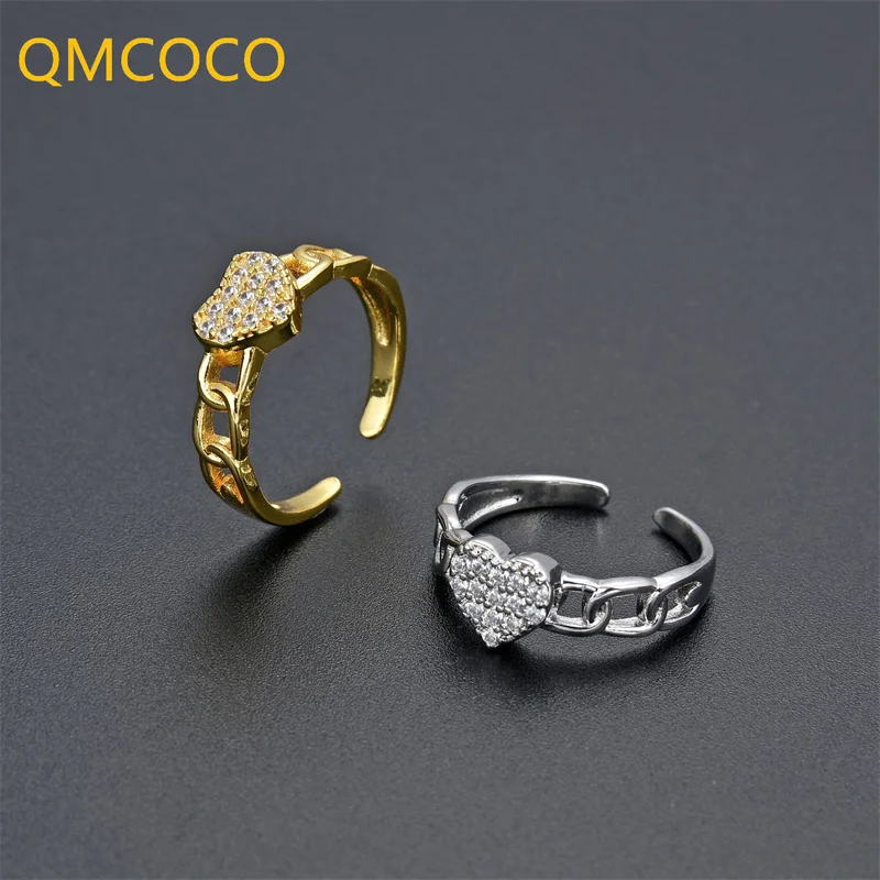 QMCOCO корейское модное кольцо в форме сердца женское циркониевое кольцо на указательный палец серебряного цвета регулируемые украшения для рук подарок